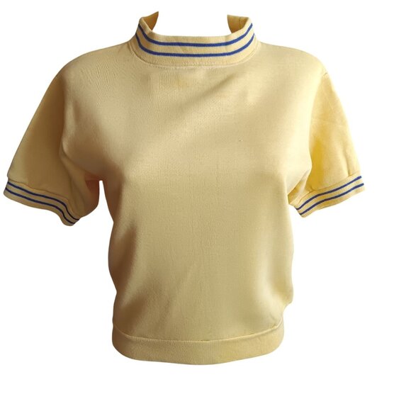 Medium Vintage Creslan Sweatshirt Yellow Pullover Top Ringer Striped Collar 70s - Picture 1 of 9